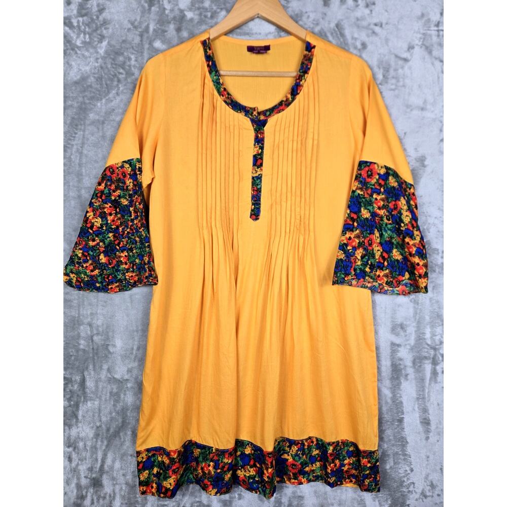 Jugnu Yellow Pleated Blue Floral 3/4 Sleeve Tunic Dress Boho Hippie Size 2XL